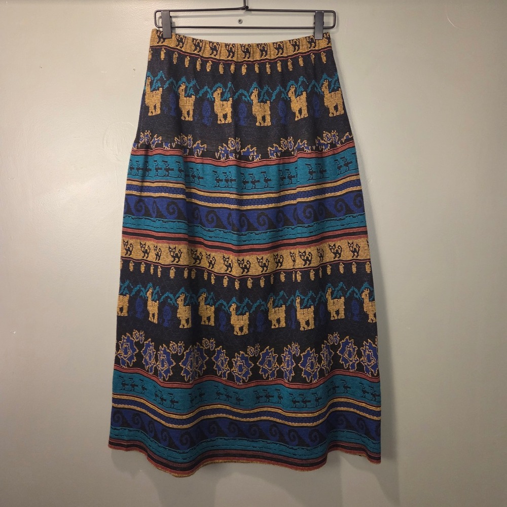 Vintage Melrose Knits Women's Peruvian Print Pull On Midi Skirt Size L